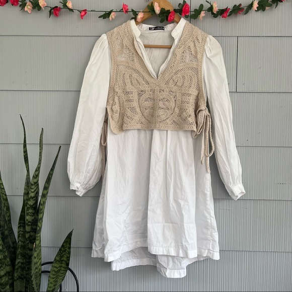 Zara White Poplin Dress Slot Collar attached Crochet Waistcoat Vest size Small - Picture 8 of 8